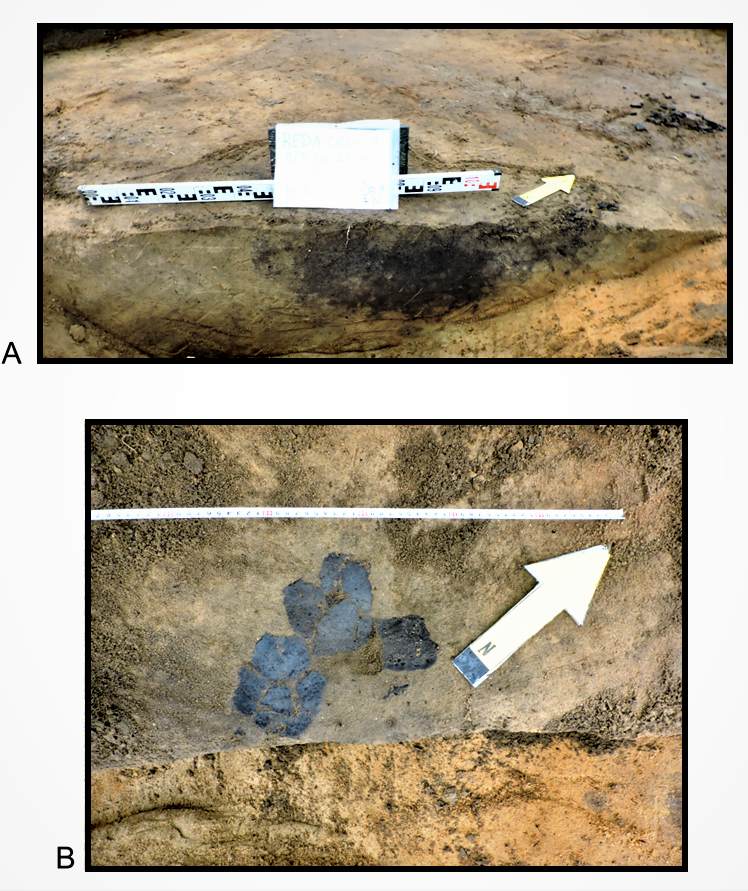 A – profil obiektu nr 3; B – odkryte w nim fragmenty ceramiki